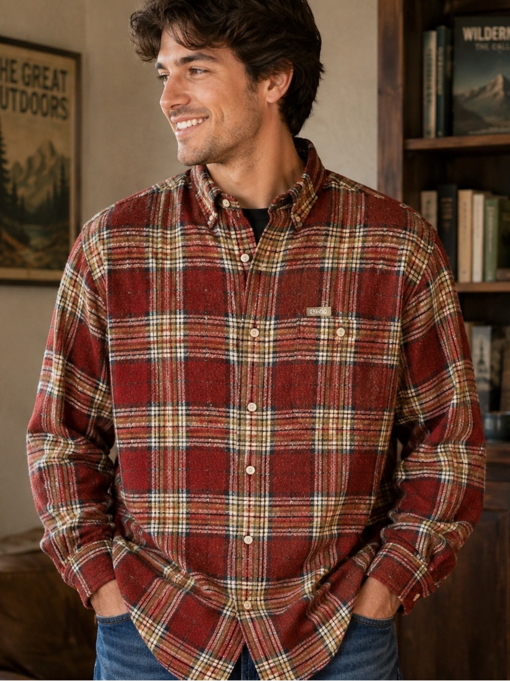 Chaps Ralph Lauren Plaid Wool Blend Flannel Shirt Men’s M Red Khaki Button Up